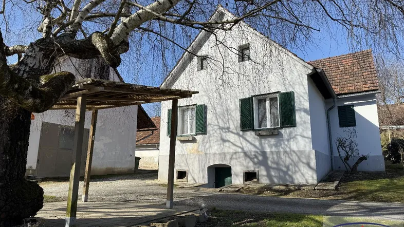 Weißes Landhaus mit grünen Fensterläden und einem Carport im Vordergrund unter blauem Himmel.