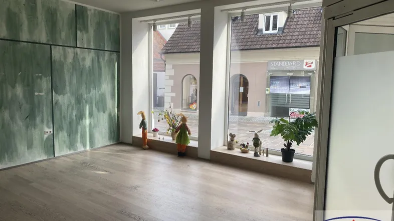 Helles, offenes Zimmer mit großen Schaufenstern und Blick auf die Straße, ausgestattet mit hellem Holzfußboden.