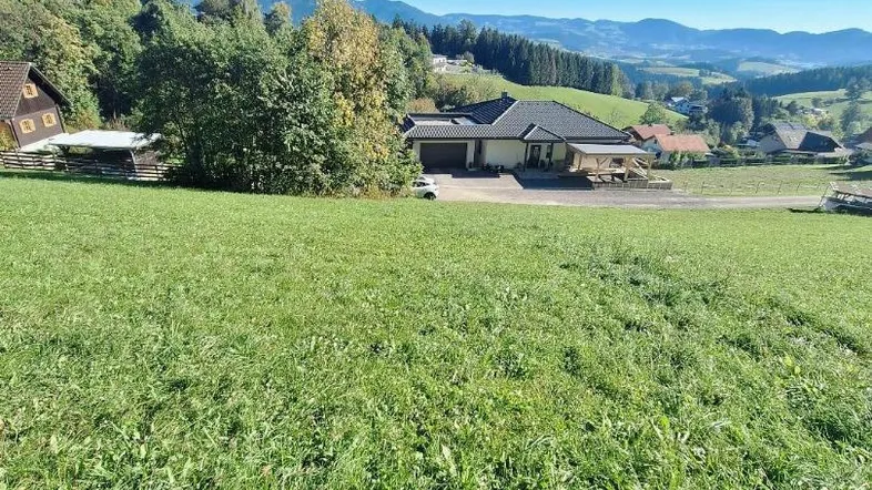 Weitläufiges grünes Feld mit einem modernen Haus und malerischem Bergblick unter blauem Himmel.