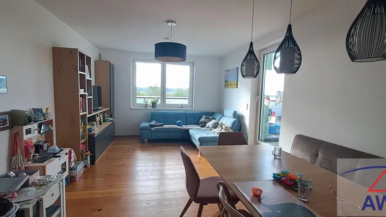 Geräumiger Wohn- und Essbereich mit Holzboden, bequemer Couch und Zugang zum Balkon.