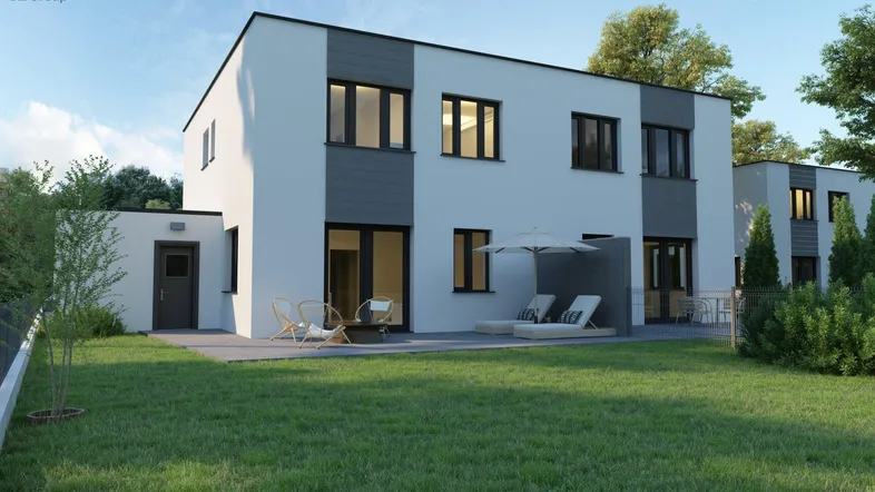 Moderne Doppelhaushälfte mit gepflegtem Rasen und einer möblierten Terrasse für entspannte Stunden im Freien.