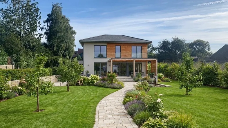 Modernes Einfamilienhaus mit gepflegtem Garten, Steinweg und Holzfassadendetails unter blauem Himmel.