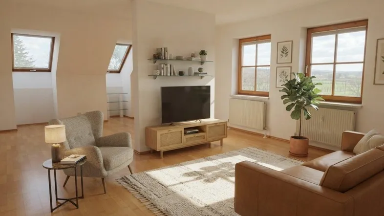 Helles Wohnzimmer mit Holzboden, modernen Möbeln und weitem Blick über die Landschaft.