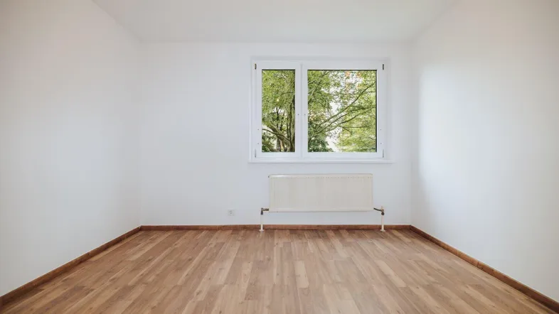 Leerer Raum mit hellem Laminatboden, weißen Wänden und Blick ins Grüne durch das Fenster.