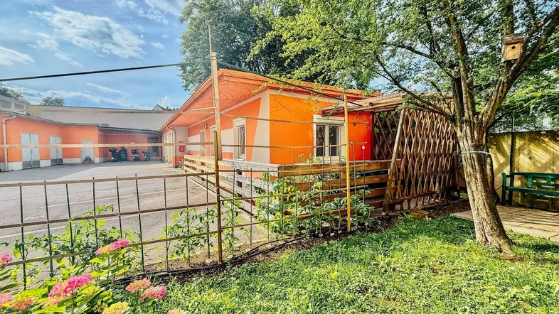 Orangefarbenes Gebäude mit umzäuntem Gartenbereich, Pflanzen und einem Vogelhaus im Baum.