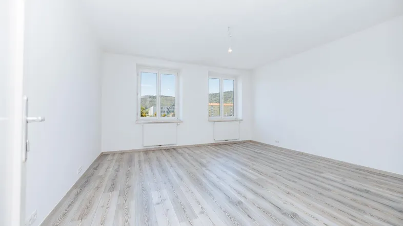 Heller Raum mit modernem Laminatboden und zwei Fenstern, die einen grünen Ausblick bieten.