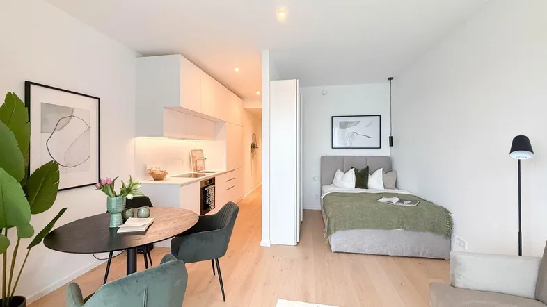 Helles, offenes Studio-Apartment mit integrierter Küche, Essbereich und Schlafbereich, modern eingerichtet.