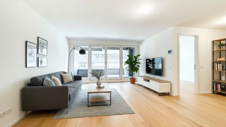 Helles und modernes Wohnzimmer mit Holzboden, bequemer Couch und Zugang zum Balkon.