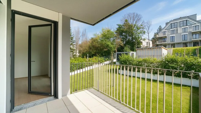 Heller Balkon mit Fliesenboden und Blick ins Grüne sowie auf umliegende Gebäude.