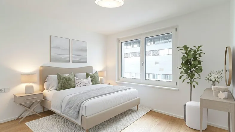 Helles Schlafzimmer mit modernem Bett, Nachttischen und einem großen Fenster für viel Tageslicht.