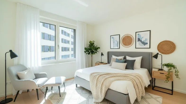 Helles Schlafzimmer mit modernem Bett, bequemen Möbeln und großen Fenstern, die viel Tageslicht hereinlassen.