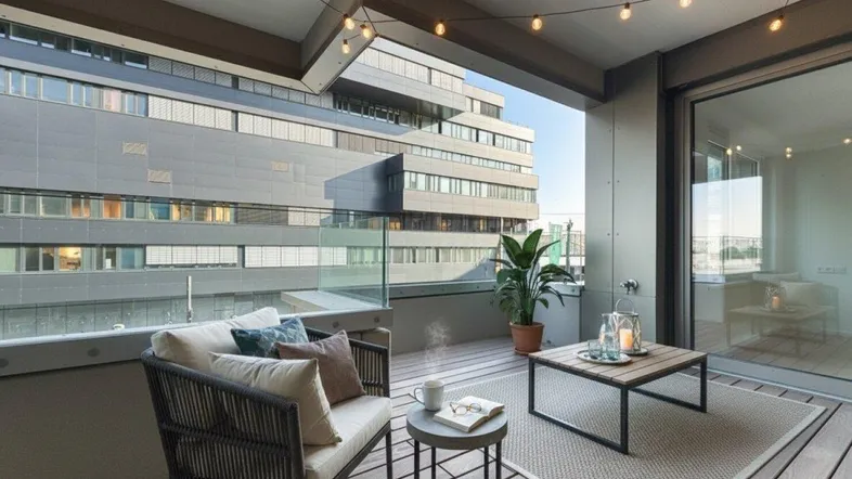Gemütlicher Balkon mit Holzboden, Sitzgelegenheiten und Lichterkette, ideal zum Entspannen im Freien.