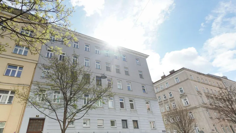 Gebäudeansicht mit blauer Fassade und Bäumen im Vordergrund unter hellem Himmel.