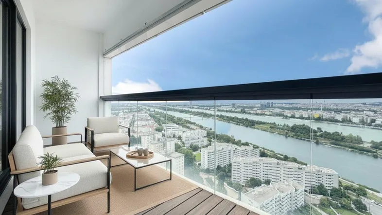Geräumiger Balkon mit bequemen Sitzgelegenheiten und weitem Blick auf den Fluss und die Stadt.