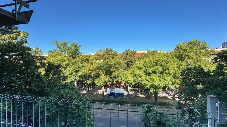 Blick von einem Balkon auf eine von Bäumen gesäumte Straße mit blauem Himmel.