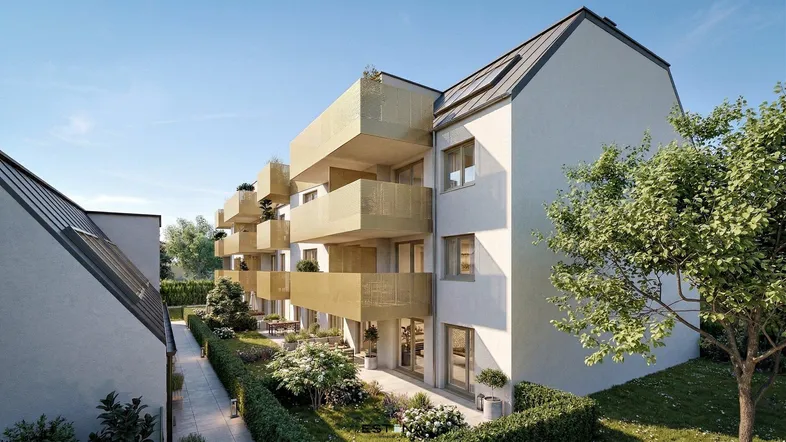 Visualisierung eines modernen Mehrfamilienhauses mit Balkonen und gepflegter Grünanlage bei Tageslicht.