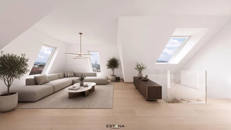 Helles, modernes Wohnzimmer mit Dachschrägen, großen Dachfenstern und einer eleganten Treppe.