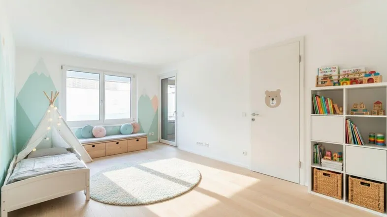 Helles Kinderzimmer mit Holzboden, Spielzelt und bunten Wandmalereien, ideal für kleine Bewohner.