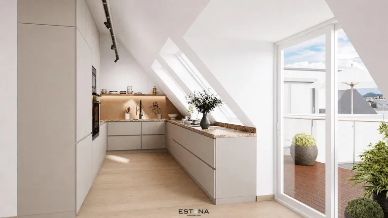 Moderne Dachgeschossküche mit hellen Fronten, Stein-Arbeitsplatten und Zugang zur Terrasse.