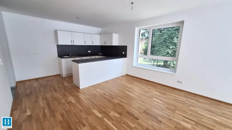 Heller Wohnbereich mit offener Küche, Parkettboden und großem Fenster mit Grünblick.