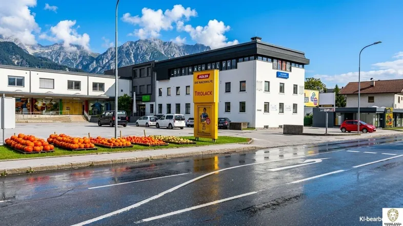 Gebäudeansicht mit Parkplätzen, einer belebten Straße und Bergen im Hintergrund unter blauem Himmel.