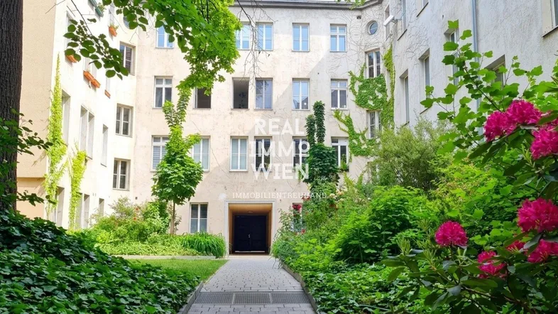Grüner Innenhof mit üppiger Bepflanzung und blühenden Rhododendren, umgeben von Wohngebäuden.