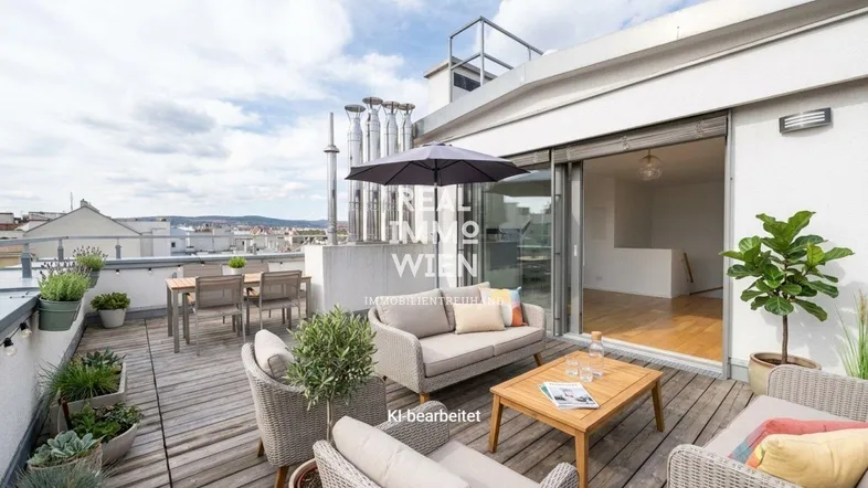 Geräumige Dachterrasse mit bequemen Loungemöbeln, Esstisch und Pflanzen, ideal zum Entspannen im Freien.