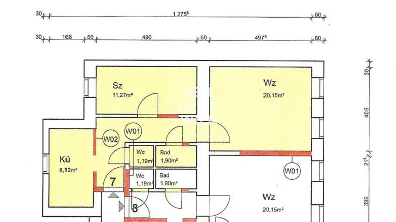 Detaillierter Grundrissplan mit mehreren Zimmern, Bädern und WCs, inklusive Flächenangaben.