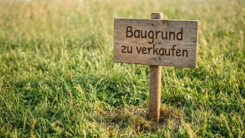Ein Holzschild mit der Aufschrift 'Baugrund zu verkaufen' steht auf einem grünen Feld, das ein verfügbares Baugrundstück kennzeichnet.