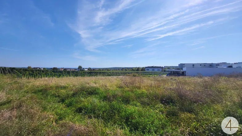 Weitläufiges Grundstück mit Blick auf Weinberge und moderne Gebäude unter blauem Himmel.