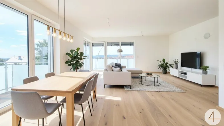 Helles Wohn- und Esszimmer mit großen Fenstern, Holzboden und Zugang zum Balkon.