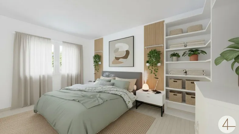 Helles Schlafzimmer mit modernem Design, integrierten Regalen und Holzakzenten.