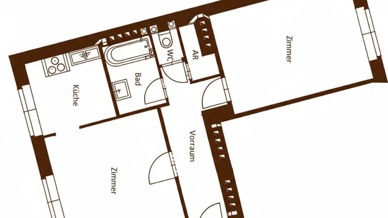 Übersichtlicher Grundriss einer Wohnung mit zwei Zimmern, Küche, Bad und separatem WC.
