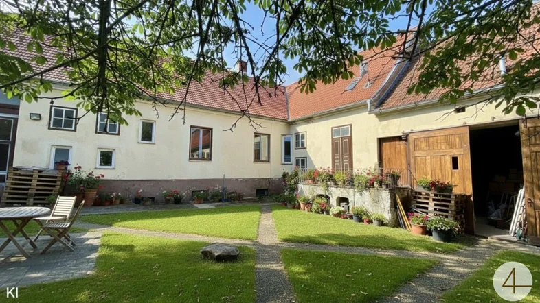 Idyllischer Innenhof eines historischen Gebäudes mit Rasenfläche, Blumen und einem kleinen Sitzbereich.