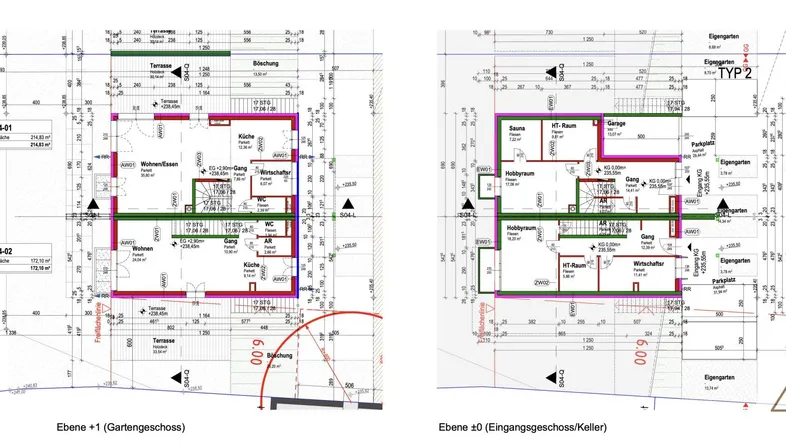 Detaillierter Grundriss des Gartengeschosses und Eingangsgeschosses mit Terrassen und Garagenzugang.