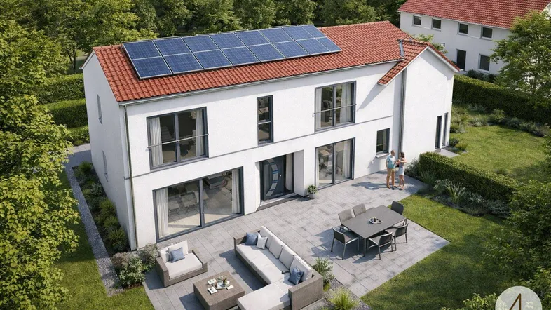 Luftaufnahme einer modernen Immobilie mit Solaranlage, großzügiger Terrasse und gepflegtem Gartenbereich.