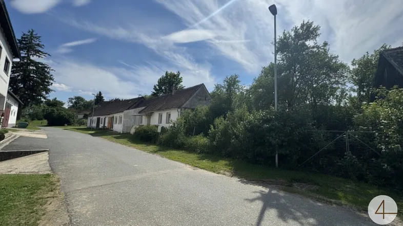 Ländliche Straße mit älteren Häusern und viel Grün unter einem bewölkten Himmel.
