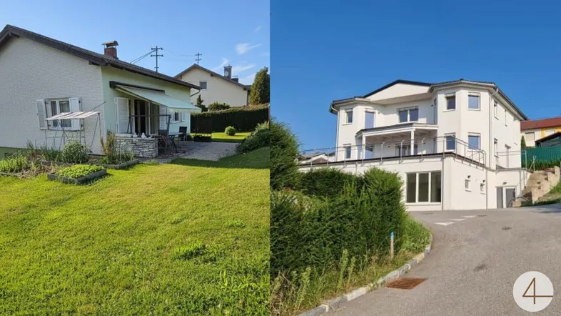 Collage zeigt ein älteres Haus mit Garten und ein modernes Gebäude von der Straße aus.