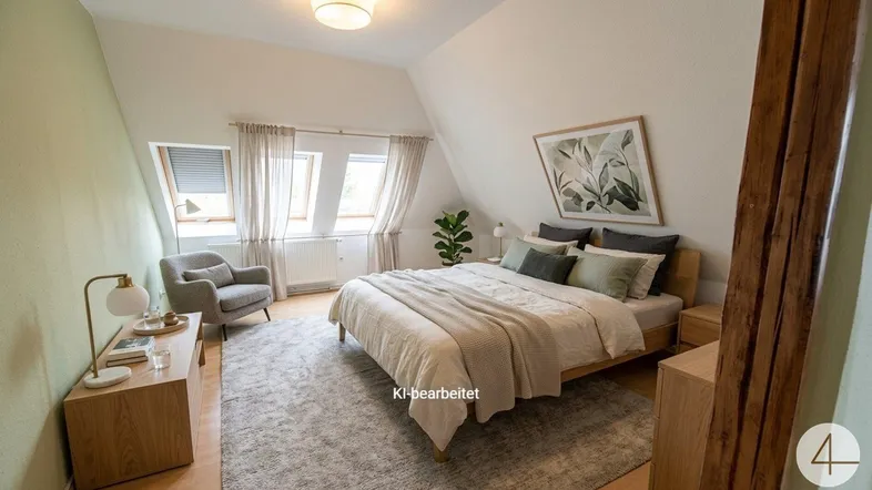 Helles Schlafzimmer im Dachgeschoss mit Holzboden, Dachfenstern und moderner Einrichtung.