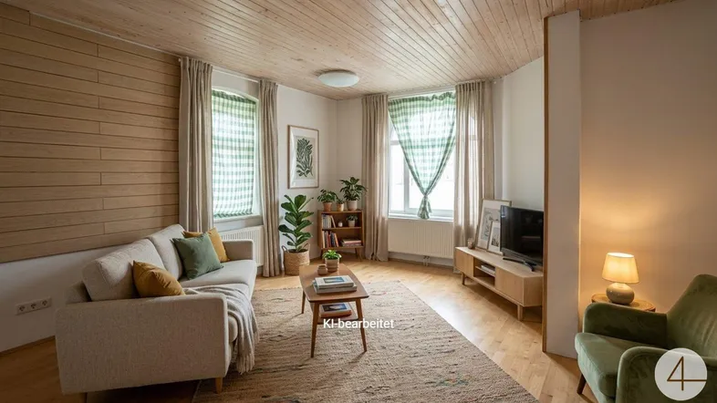 Gemütliches Wohnzimmer mit Holzdecke, Holzwandverkleidung und hellen Möbeln, durchflutet von natürlichem Licht.