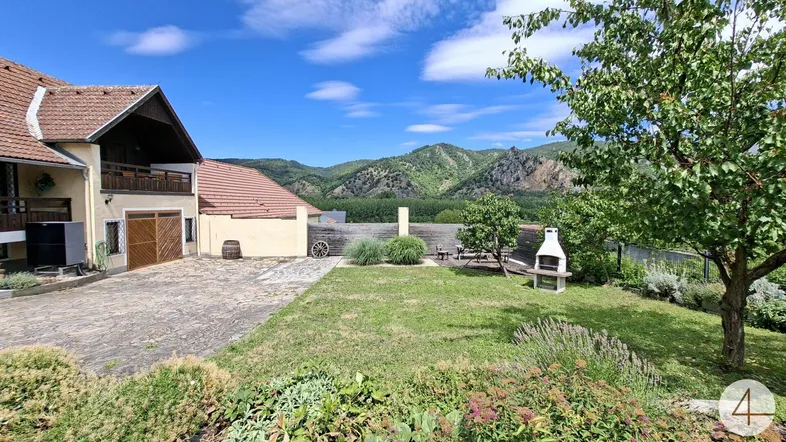 Geräumiger Gartenbereich mit Grillplatz und weitem Blick auf die umliegende Berglandschaft.