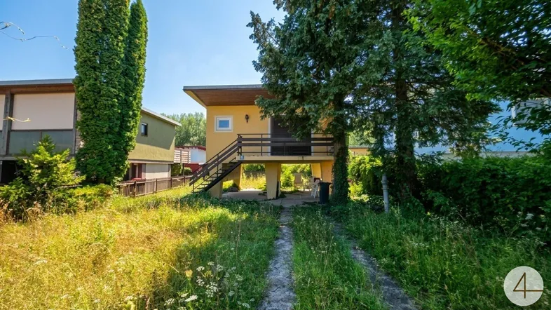Gelbes Haus mit überwachsenem Garten und Auffahrt, umgeben von Bäumen und Natur.