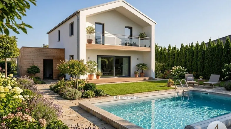 Modernes Einfamilienhaus mit gepflegtem Garten, privatem Pool und Balkon im Sonnenlicht.
