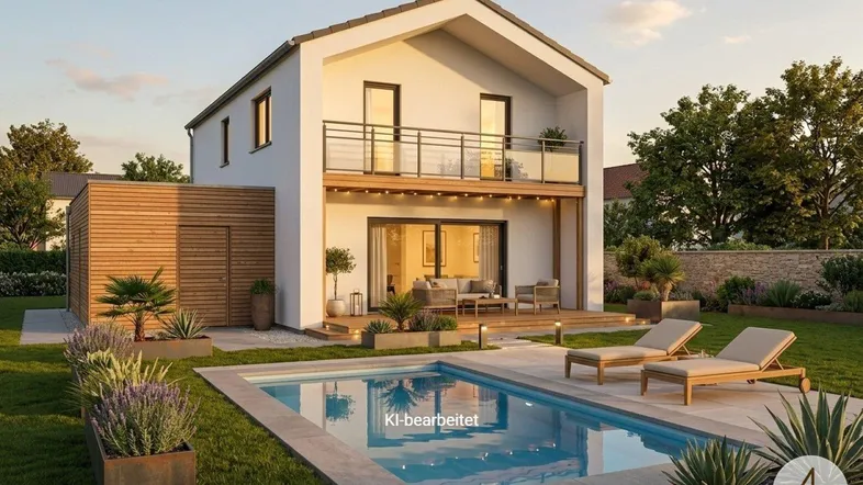 Modernes Einfamilienhaus mit großem Garten, privatem Pool und sonniger Terrasse für entspannte Stunden.