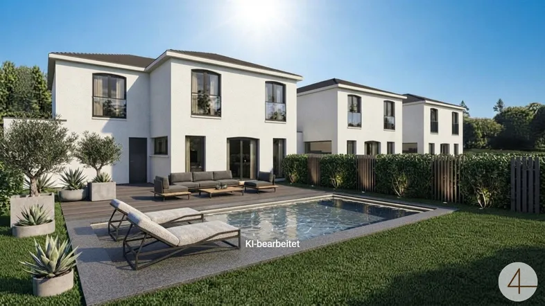 Moderne Reihenhäuser mit privatem Garten, Terrasse und Swimmingpool unter strahlendem Sonnenschein.