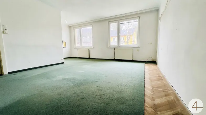 Geräumiges Wohnzimmer mit grünem Teppichboden, Parkettakzenten und zwei Fenstern.