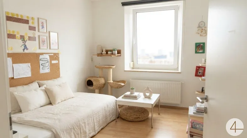 Helles Schlafzimmer mit Holzboden, großem Fenster und gemütlicher Einrichtung, inklusive Katzenbaum.