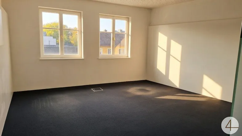 Heller Büroraum mit Teppichboden und großen Fenstern, die viel Tageslicht hereinlassen.