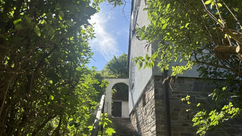 Alter Steinweg führt zu einem charmanten Haus, umgeben von üppigem Grün unter blauem Himmel.
