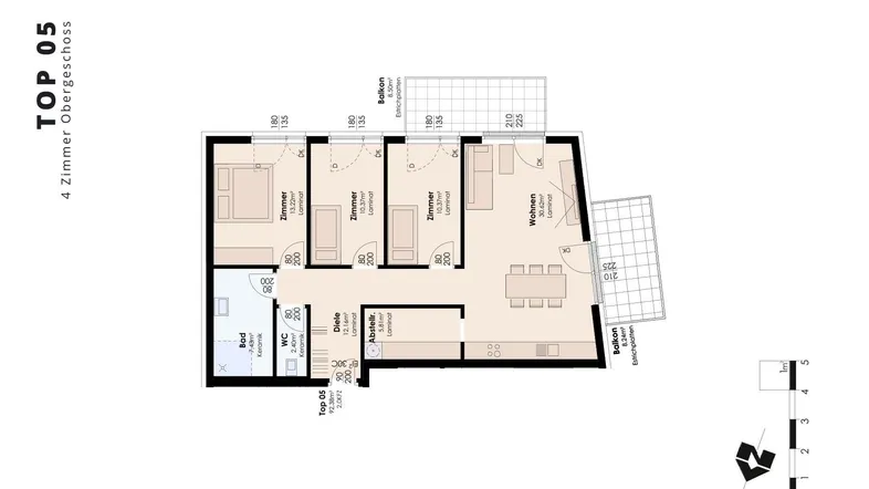 Grundriss des Obergeschosses mit vier Zimmern, offenem Wohnbereich, separatem WC und zwei Balkonen.